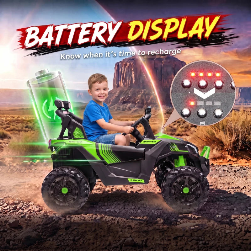 Green ride-on off-road UTV with child seated in the driver seat