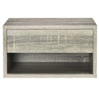Grey wood-effect bedside table with drawer front and open interior shelf