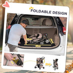 Brown pet stroller fold demonstration in car trunk with folded frame view