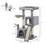 Grey multi-level cat tree with two condos, platforms, scratching post, and top perch