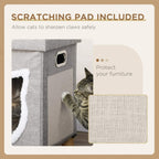 Grey cat cube bed with scratching pad panel and hanging ball near the tunnel door