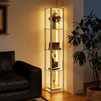 Tall shelf floor lamp with warm light, light-wood open frame and tiered compartments