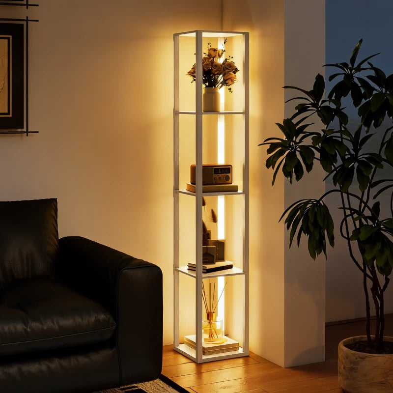 Tall shelf floor lamp with warm light, light-wood open frame and tiered compartments