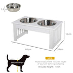 White raised dog feeding stand with two stainless bowls, size diagram