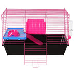 Pink wire small animal cage with black base, blue feeding area, magenta hide, and water bottle.