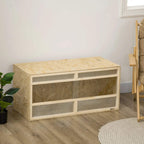 Reptile terrarium with OSB wood body, front mesh vents, and clear sliding doors