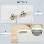 White pet feeder cabinet with metal knobs and magnetic door detail