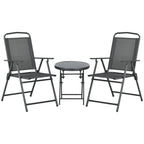 Three-piece dark grey garden seating set with two chairs and a round glass-top table