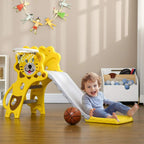 Yellow lion kids slide with basketball hoop and climbing base, indoor play set