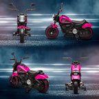 Pink and black kids electric motorbike with training wheels, shown from multiple angles