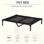 Black foldable elevated pet bed cot with mesh top and sturdy metal frame legs