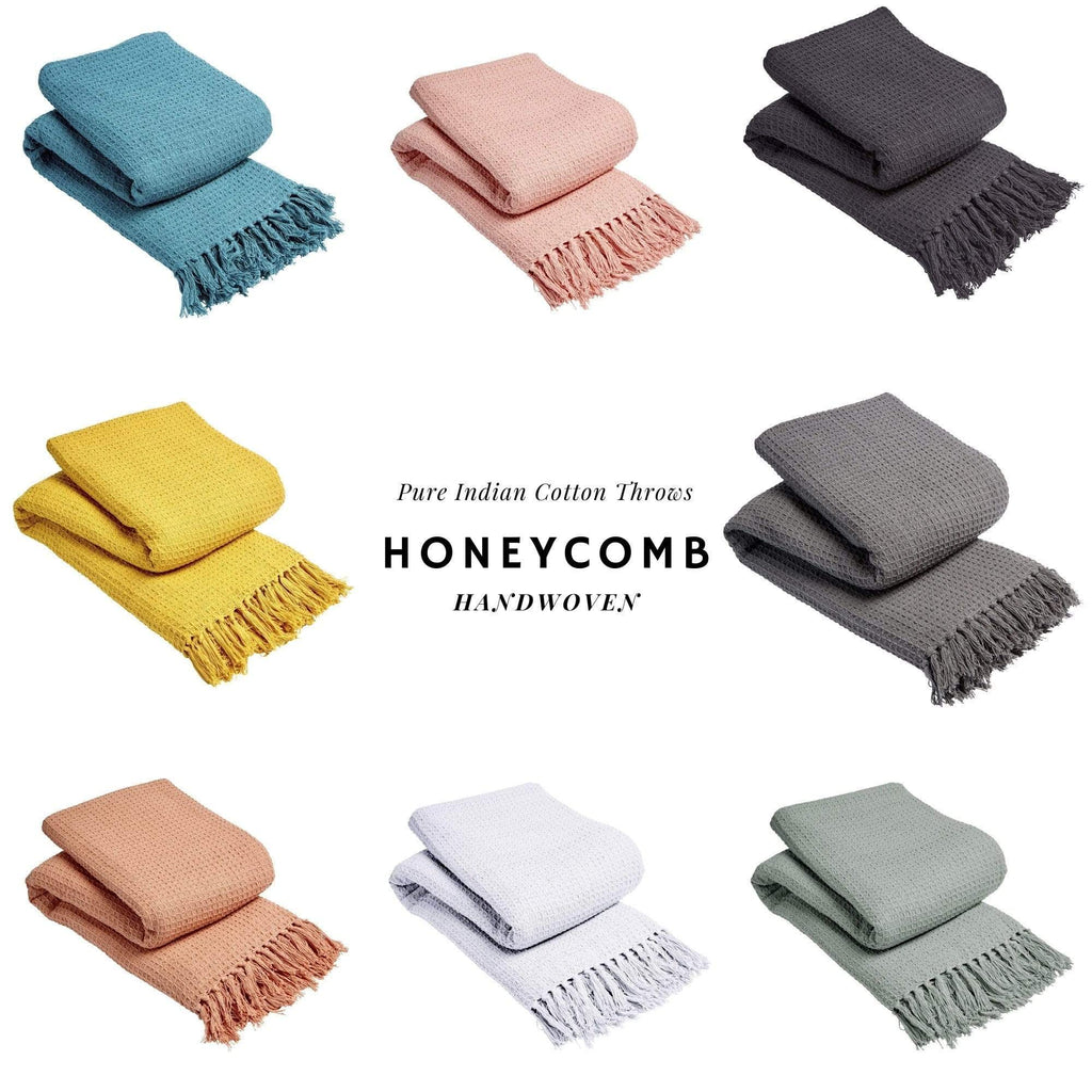 Lisbon Pure Indian Cotton Handwoven Honeycomb Throw Blanket Luxurious Soft Lightweight Easycare Cover for Sofa Bed or Living Room Available in 10 Colours and Sizes