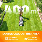 Cordless lawn mower cutting on lawn, light grey deck with orange wheel accents