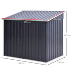 Black corrugated steel storage shelter with pitched roof; side view with size markings