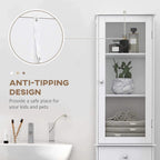 White tall bathroom cabinet with open shelves, protective anti-tip wall chain