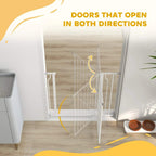 White dog safety gate with door panel that opens in both directions