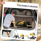 Foldable yellow pet stroller packed in a car trunk with front canopy visible