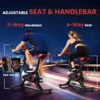 Black exercise bike with adjustable seat and multi-position handlebars, red accents