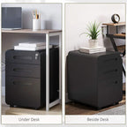 Black lockable 3-drawer file cabinet placed under a desk and beside a desk