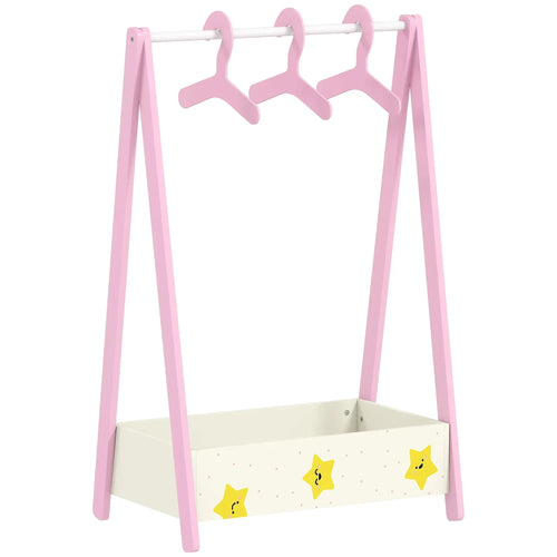 Pink kids clothing rack with three hangers and star-pattern storage shelf
