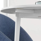 Underside view of a white round folding table with hinge hardware and support legs.