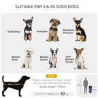 Pet stroller rain cover size guide graphic with small dog silhouettes and body-length indicator.