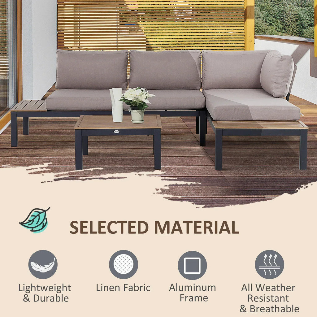 3 Pieces Garden Furniture Set, Aluminium 4 Seater Corner Sofa Set with 2 Loveseats, Coffee Table and Side Trays, Outdoor Conversation Furniture with Cushions for Garden, Black - Bobobiy