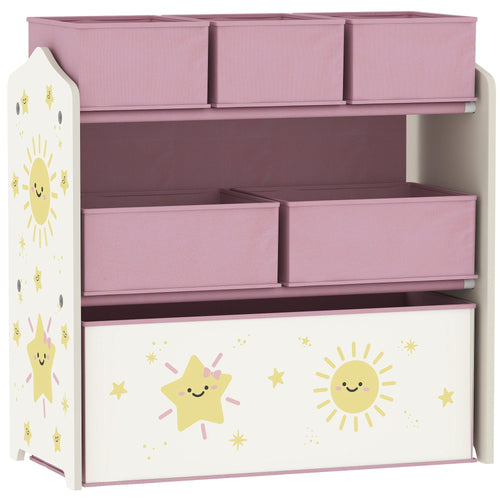 Pink 3-tier toy storage shelf with six removable fabric bins and smiling sun/star front panel