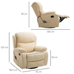 Beige recliner chair with visible dimensions, padded backrest and manual recline handle.