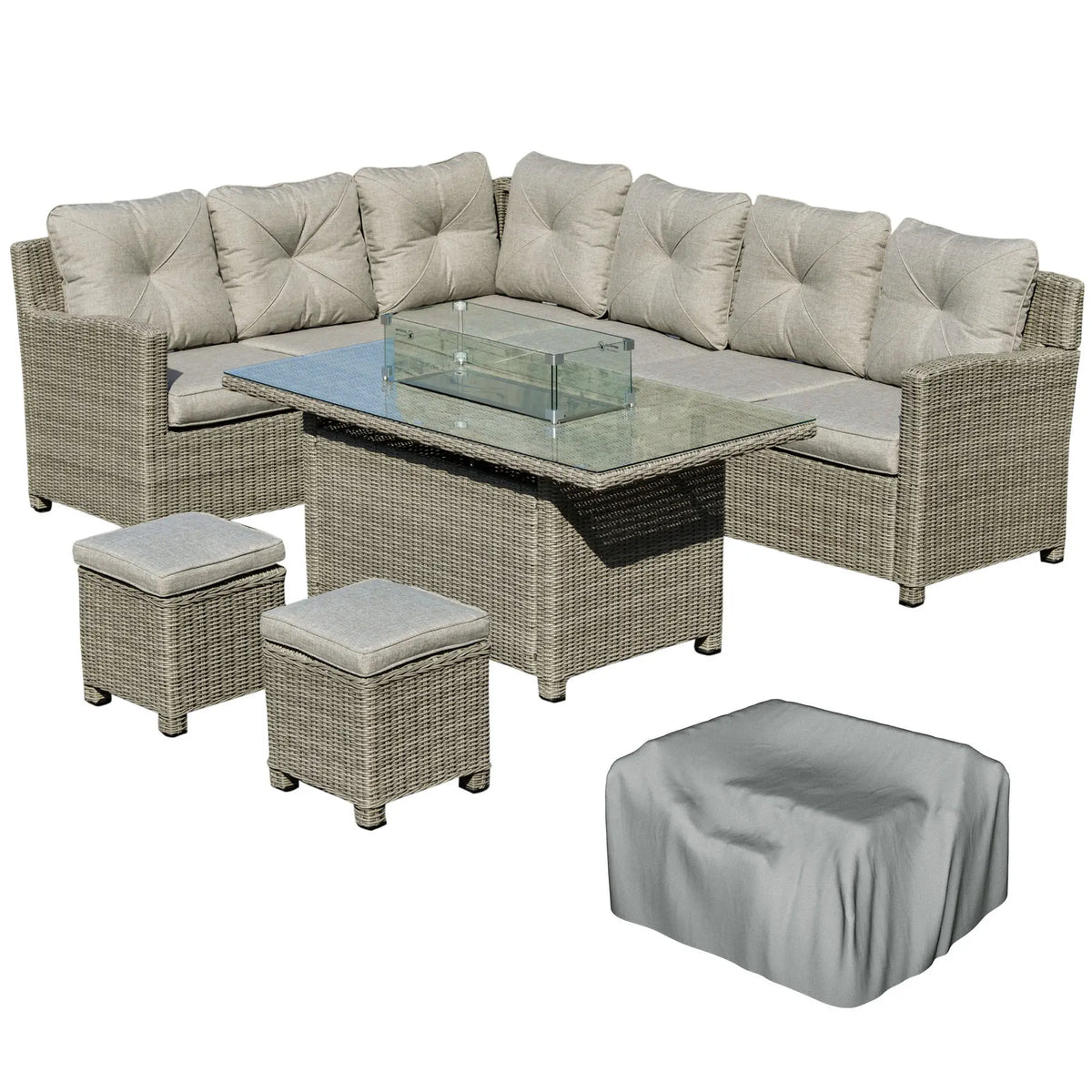 Grey rattan sofa set with glass fire pit table, two footstools and matching furniture cover
