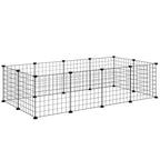 Black metal wire pet playpen enclosure with 12 fence panels and corner feet