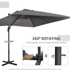 Dark grey cantilever parasol with 360° rotating base pedal and open canopy