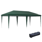 Green pop-up steel frame gazebo with tapered legs and open canopy, plus storage bag