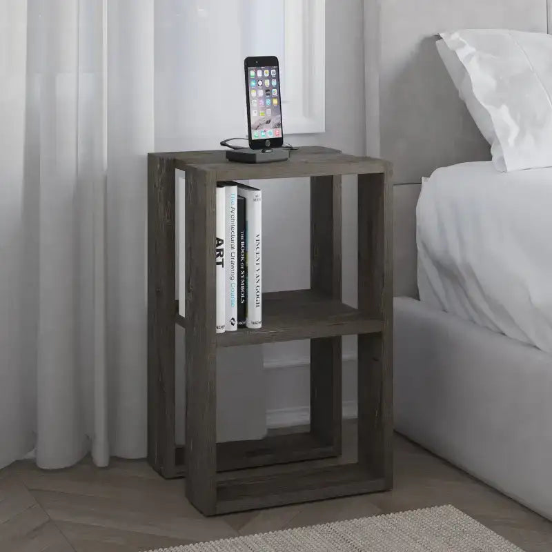 Modern bedside table with open shelves, dark coffee wood-look finish, holding books
