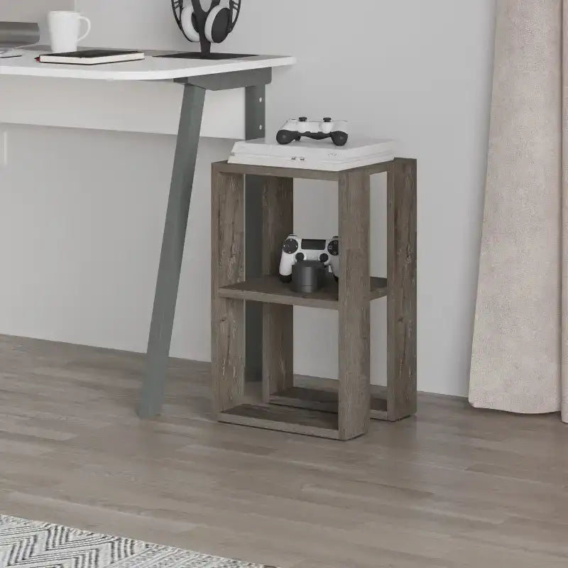 Oak-effect bedside table with open shelves, square top, and console accessories