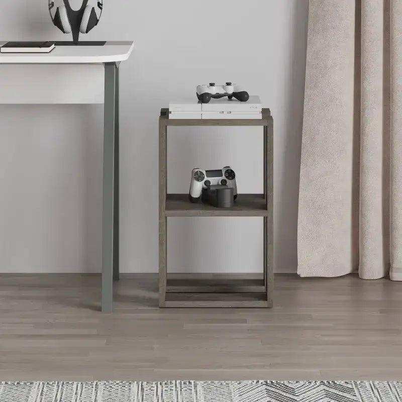 Light oak bedside table with open shelves and square frame, compact width 34cm.