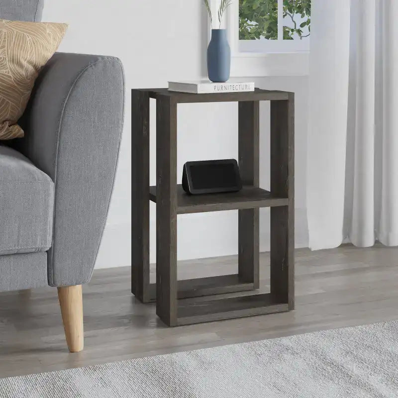 Dark wood bedside table with open shelves and top surface, rectangular square legs.