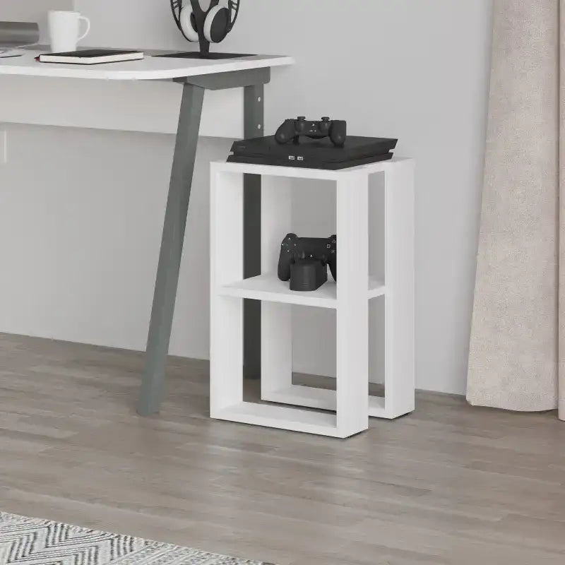 White bedside table with two open cubby shelves and flat tabletop for small items