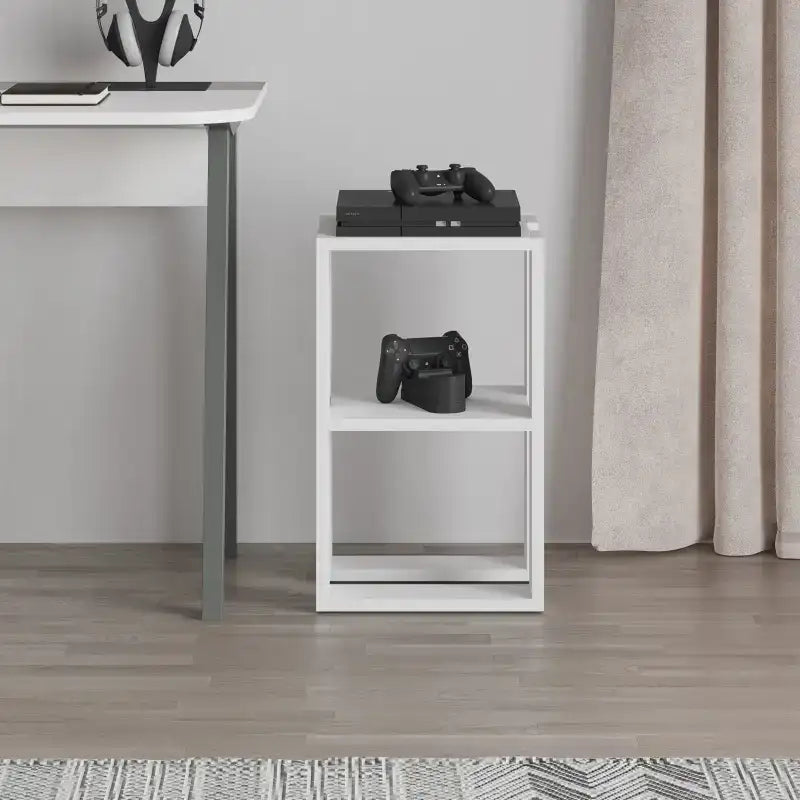 White square bedside table with open storage cubbies and tabletop for console accessories