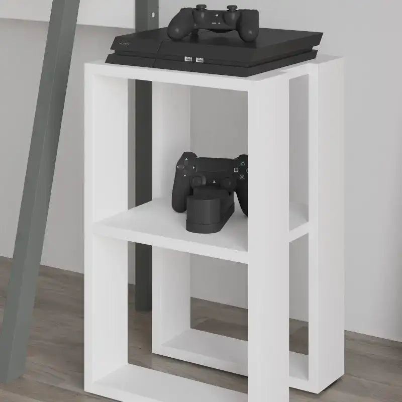 White modern bedside table with open shelves and top surface, compact square design