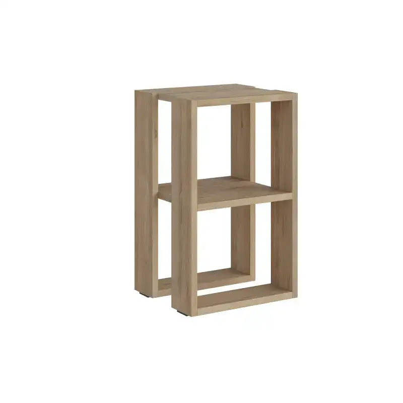 Light oak bedside table with two open shelves and open frame, isolated product view.