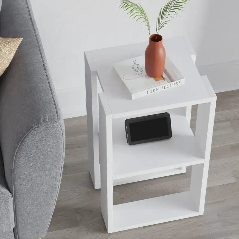 White bedside table with open lower shelf, smooth tabletop, and front storage space