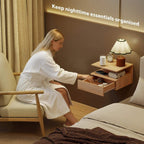 Oak-toned floating bedside table with open compartments and pull-out drawer, light wood look