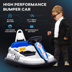 Kids electric bumper car with black seat and blue front panel, standing child beside
