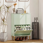 Light green shoe cabinet with open top tier and shoes stored in ridged drawer