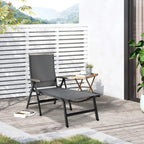 Grey folding chaise lounge with upright mesh backrest and flat reclining seat on frame