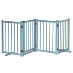 Blue wooden foldable dog safety gate with four panels, open layout