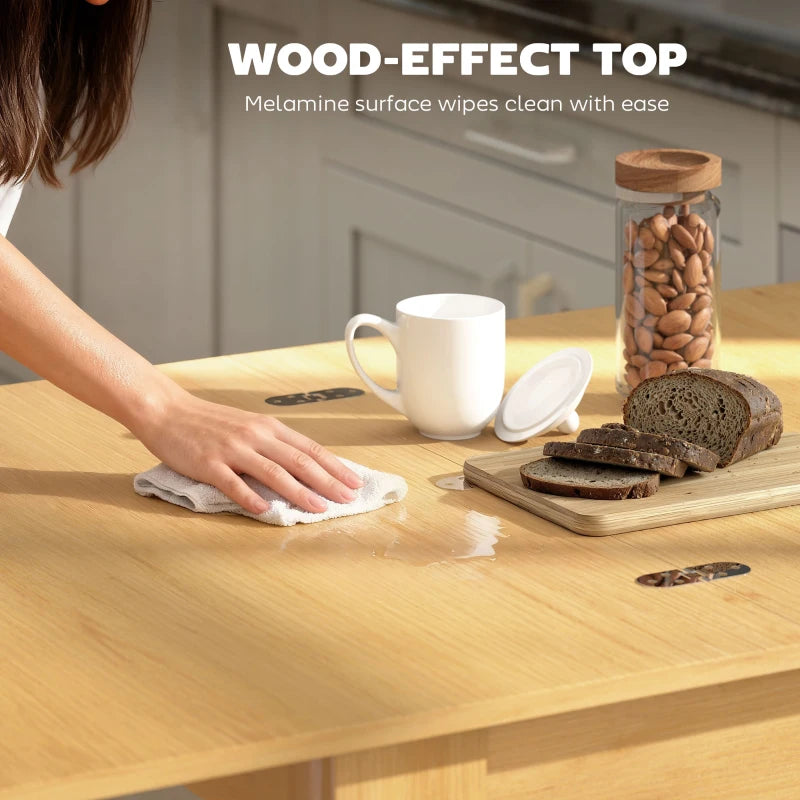 Natural wood-look tabletop with easy-clean surface, folding dining table