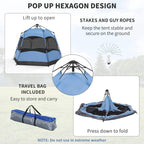 Hexagon camping tent bundle with carry bag, stakes, and guy ropes in blue and black