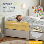 Grey kids bed frame with high guard rails and low-to-ground height, slatted base